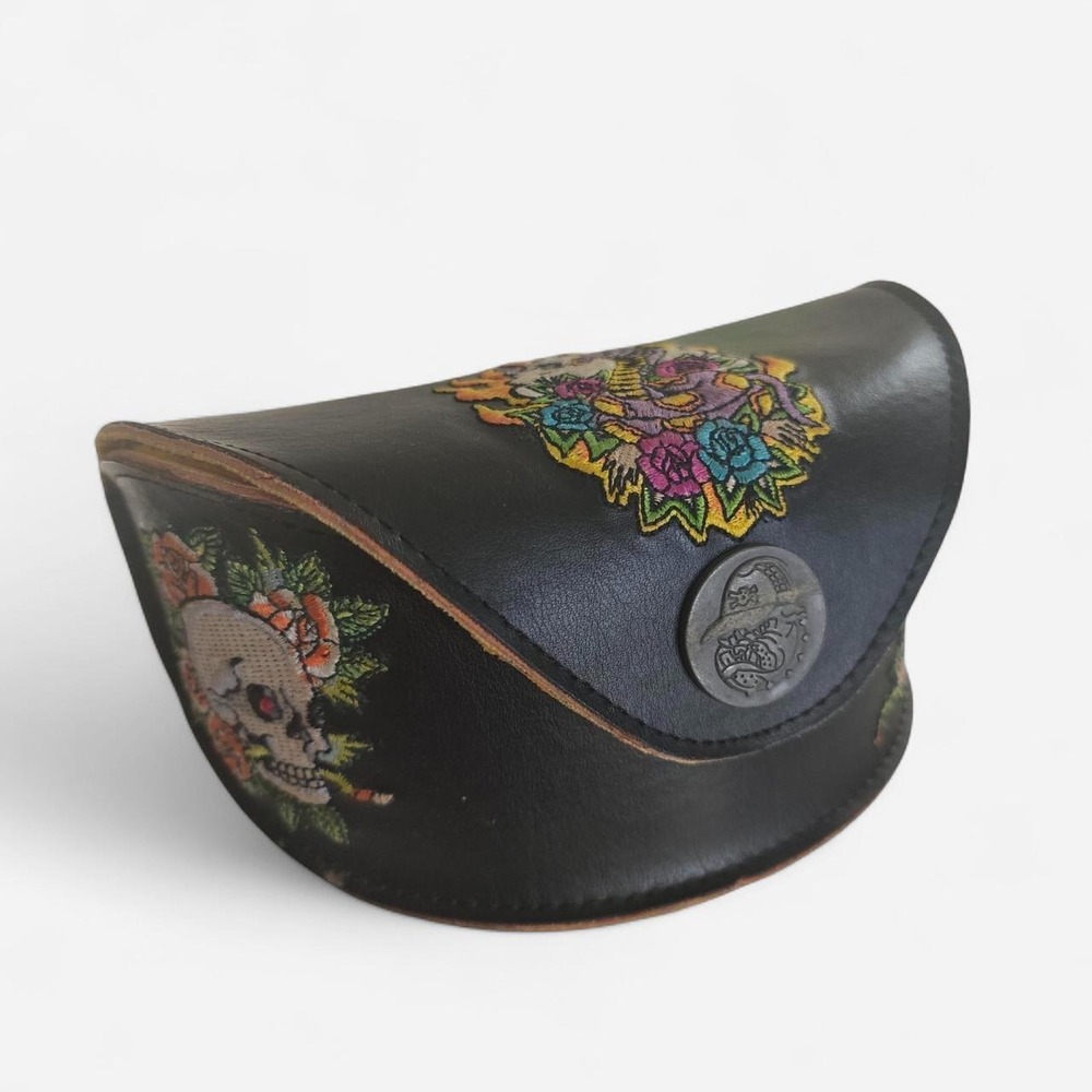 Ed Hardy Vintage Tattoo Eyewear Black Leather Embroidered Skull Rose Case